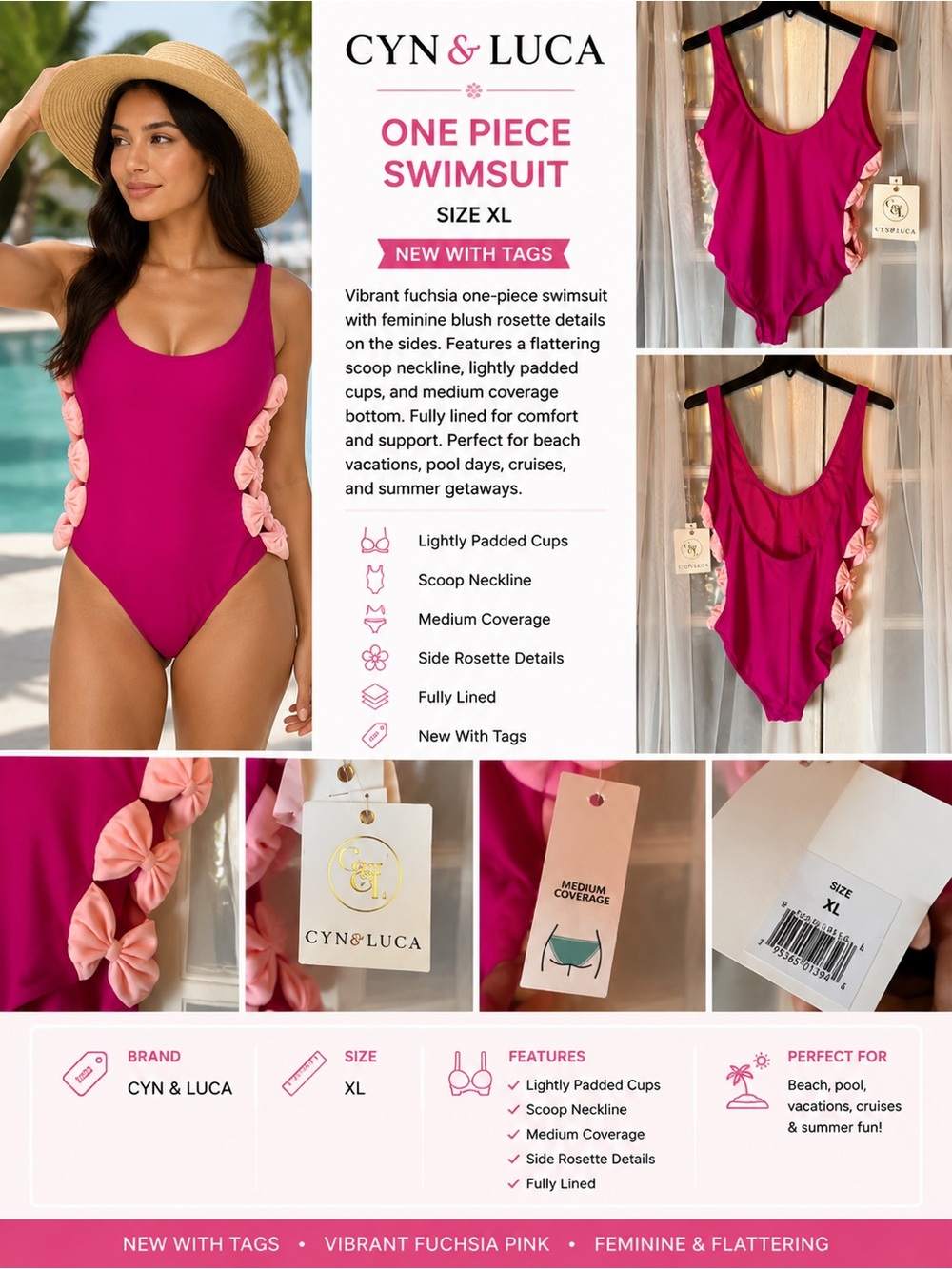 Cyn & Luca XL Fuchsia Pink One Piece Swimsuit Rose Side Detail Lightly Padded